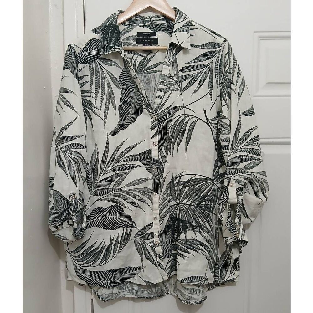 Tahari womens xl tab sleeve shirt blouse 100% linen Hawaiian off black cream